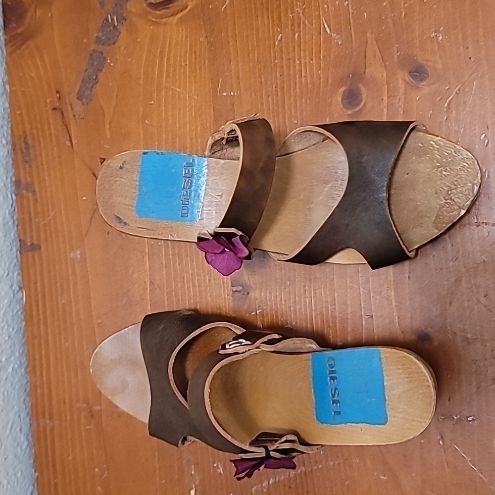 VINTAGE DIESEL‎ WOMEN'S BROWN LEATHER AND WOOD BLOCK HEEL SANDAL SZ 6 - Picture 9 of 9